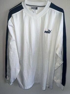 Puma White Long-Sleeve V-Neck Shirt with Navy Accents